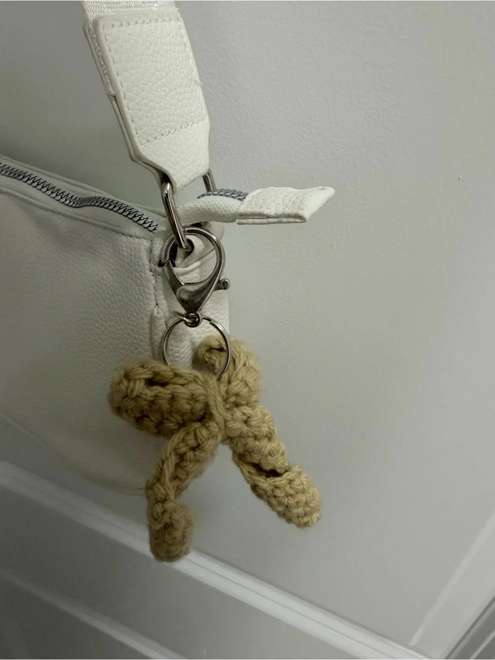 Handmade Beige Crochet Bow Keychain Charm
